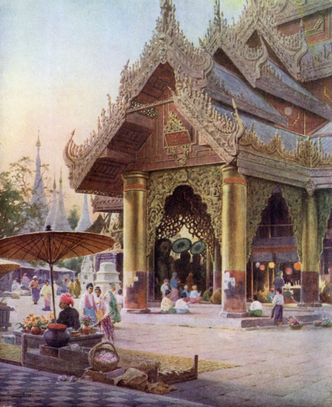 Santuário na Plataforma do Pagode Shwedagon, Rangoon, Birmânia 1905 de Robert George Talbot Kelly