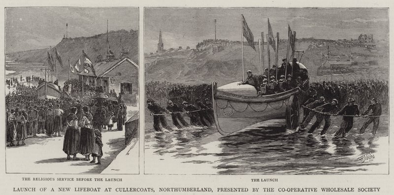 Lançamento de um novo barco salva-vidas em Cullercoats, Northumberland, apresentado pela Cooperativa de Atacado de Cooperativas de Robert Jobling