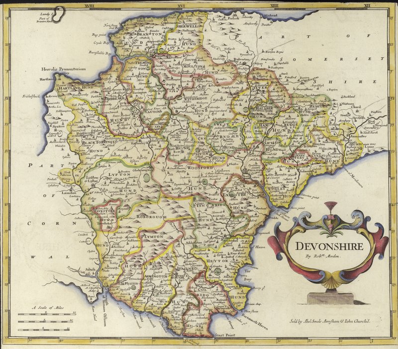 Mapa de Devonshire (gravura a cores) de Robert Morden