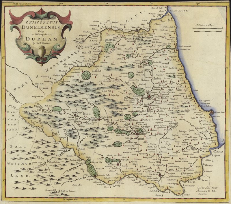 Mapa de Durham (gravura a cores) de Robert Morden