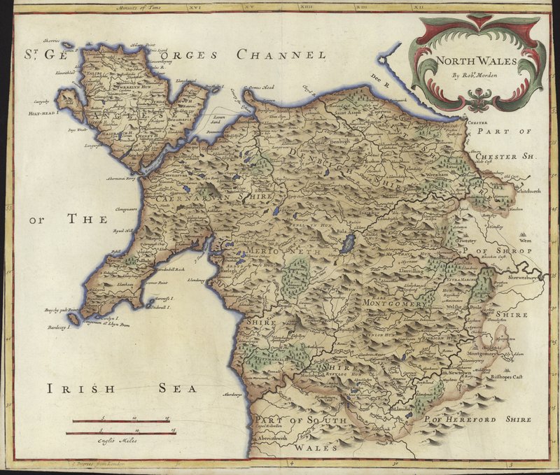 Mapa de North Wales (gravura de cor) de Robert Morden