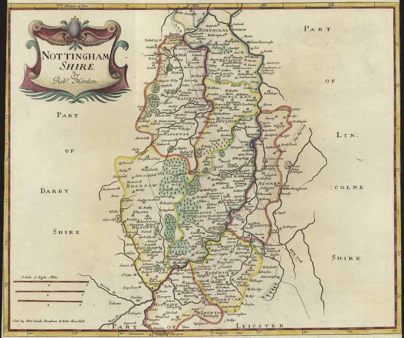Mapa de Nottinghamshire (gravura de cor) de Robert Morden