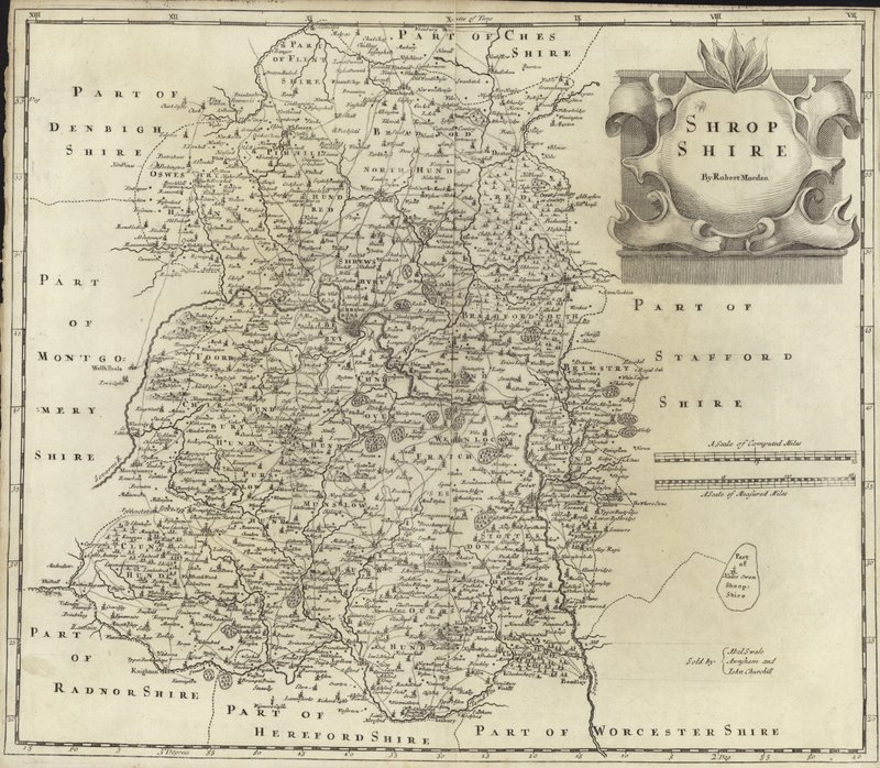 Mapa de Shropshire (gravura de cor) de Robert Morden
