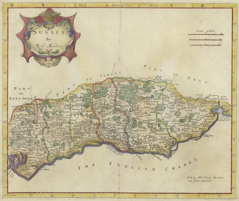 Mapa de Sussex (gravura a cores) de Robert Morden