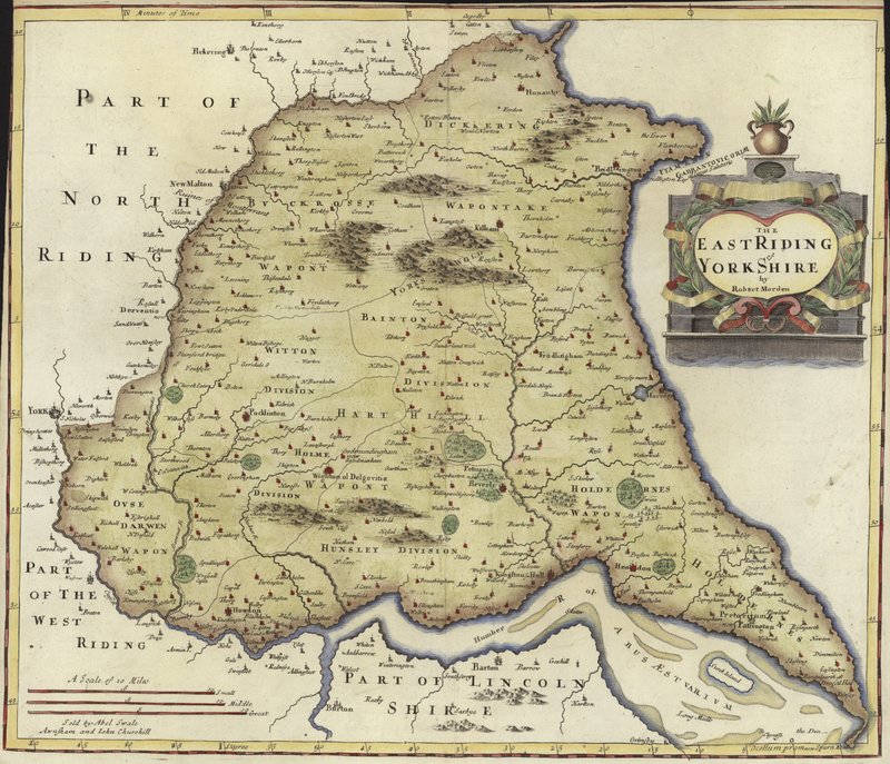 Mapa do East Riding of Yorkshire (gravura a cores) de Robert Morden