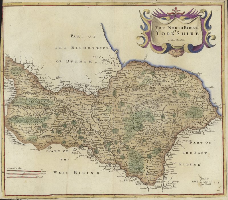 Mapa do North Riding of Yorkshire (gravura a cores) de Robert Morden