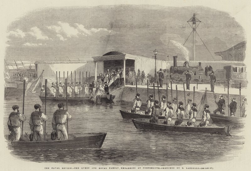 The Naval Review, a rainha e a família real embarcando em Portsmouth de Robert Thomas Landells