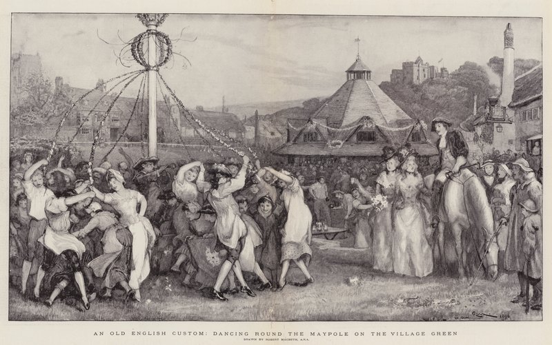 Um velho costume inglês dançando em volta do Maypole no Village Green de Robert Walker Macbeth