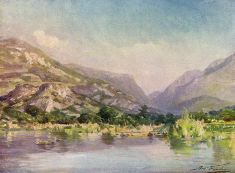 No rio Seiont, Carnarvonshire, Evening Glow (cor litho) de Robert (after) Fowler