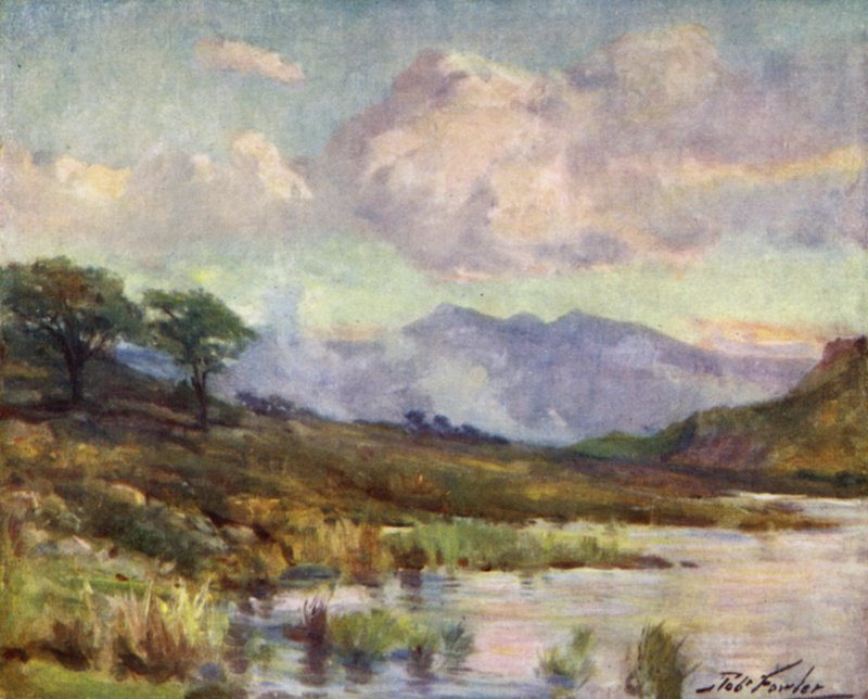 Snowdon de Capel Curig Lake, Summer Evening (cor litho) de Robert (after) Fowler