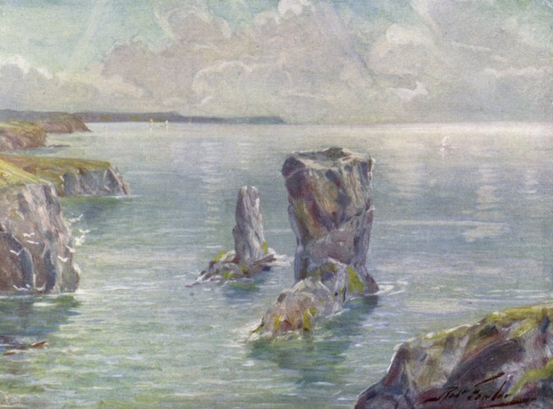 The Stacks, perto de Tenby (cor litho) de Robert (after) Fowler
