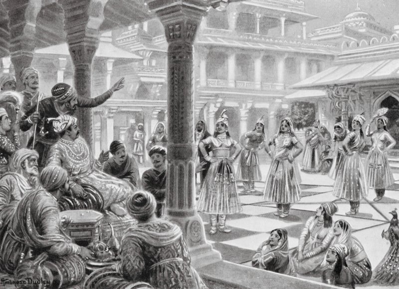 Akbar joga às damas com peças vivas em Fatehpur Sikri de Robert Ambrose Dudley