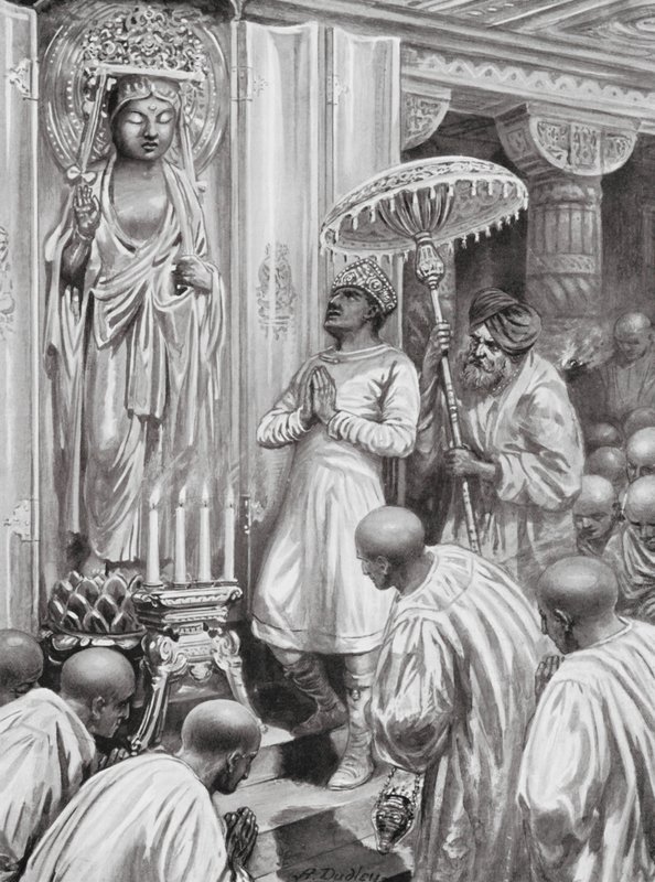 Kanishka inaugura o Budismo Mahayana (do Norte), 100 d.C. (litografia) de Robert Ambrose Dudley