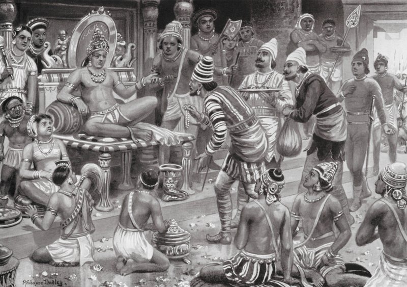 Pulikesin II, o Chalukhya, recebe os enviados da Pérsia (litografia) de Robert Ambrose Dudley