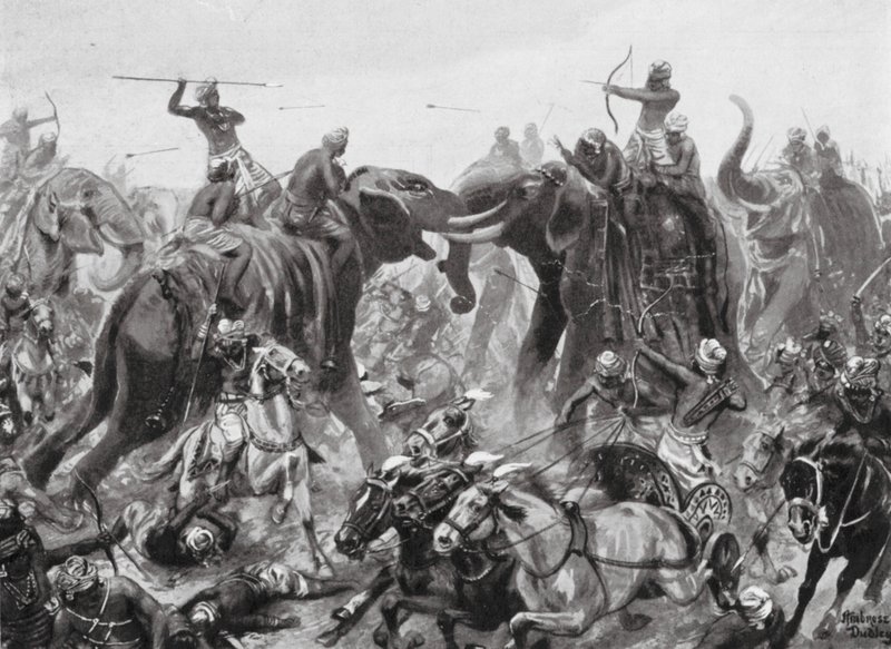 Derrota de Pulikesin II Chalukhya por Mahamalla Pallava em Badami, 642 d.C. (litografia) de Robert Ambrose Dudley