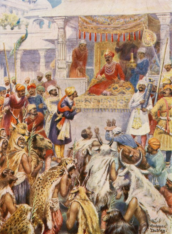 O Khan Jahan mostra a Akbar os seus cativos principescos (litografia a cores) de Robert Ambrose Dudley