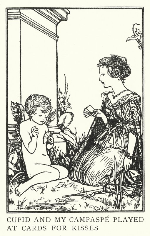 Cupido e meu Campaspe jogaram às cartas para beijar (litho) de Robert Anning Bell