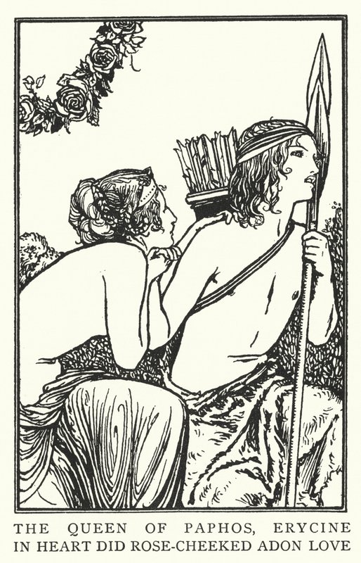 A Rainha de Pafos, Erycine, de coração fez o amor de Adon de rosto rosado (litho) de Robert Anning Bell