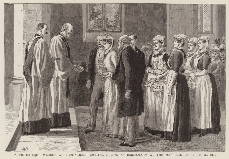 Um casamento pitoresco em Birmingham, enfermeiras do hospital como damas de honra no casamento de sua matrona de Robert Barnes