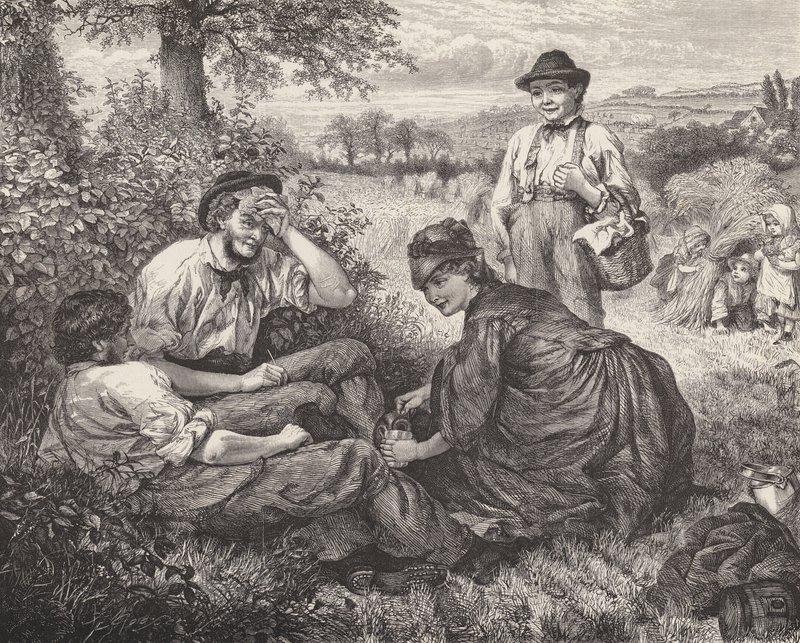 Trabalhadores agrícolas a descansar durante a colheita (gravura) de Robert Barnes