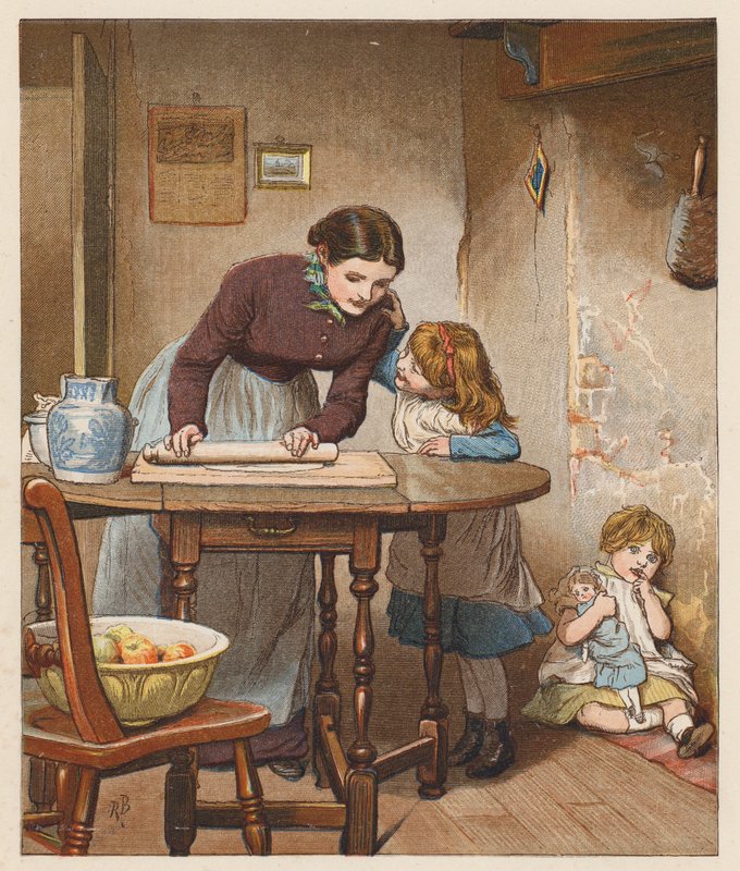 A mulher do agricultor estava a fazer uma tarte de maçã (litografia a cores) de Robert Barnes