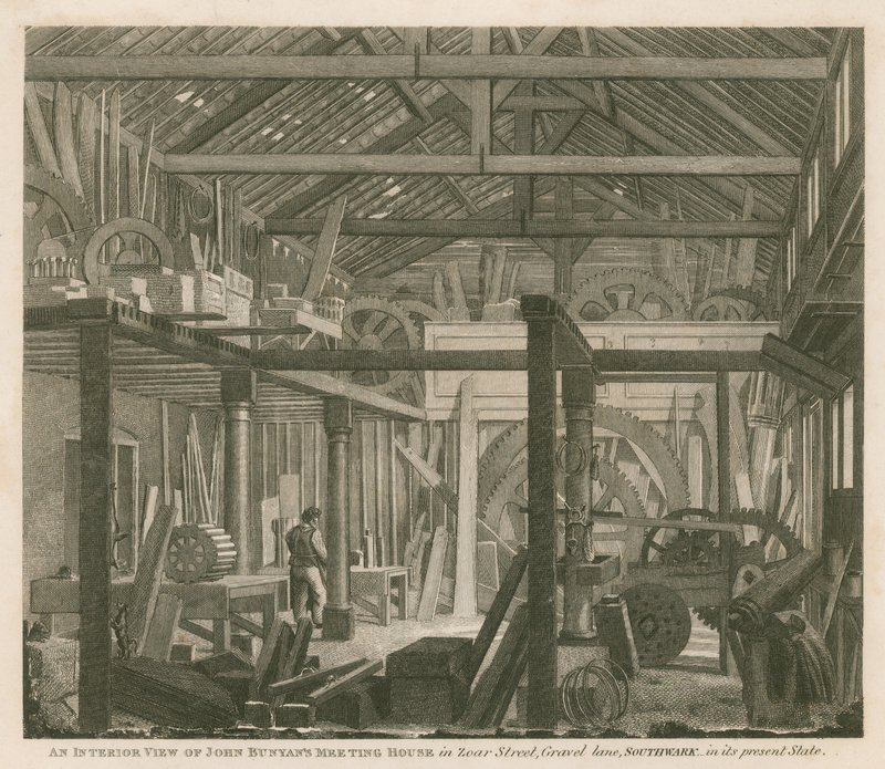 Uma visão interna da casa de reunião de John Bunyan em Zoar Street, Gravel Lane, Southwark, em seu estado atual de Robert Blemell Schnebbelie