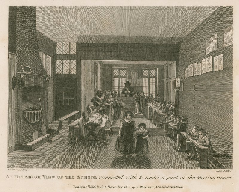 Uma visão interior da escola conectada com e sob uma parte do que antigamente era a casa de reunião de John Bunyan de Robert Blemell Schnebbelie