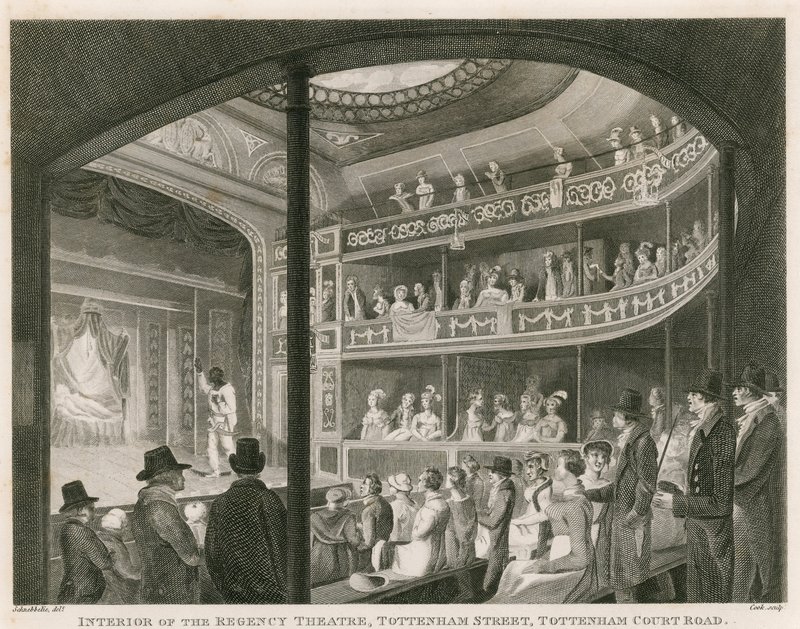 Interior, de, a, regência, teatro, tottenham, rua, tottenham, corte, estrada, londres de Robert Blemell Schnebbelie