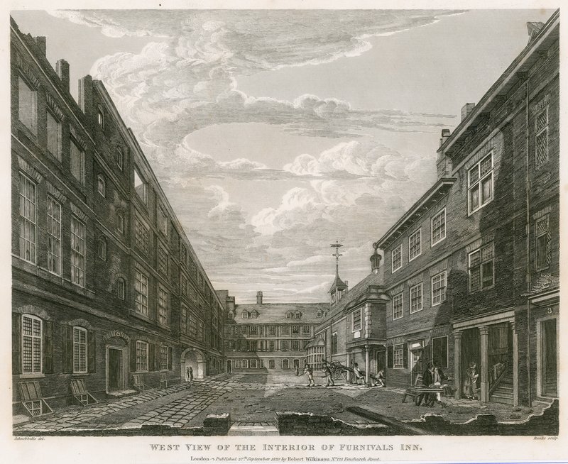 Vista oeste, de, a, interior, de, Furnival&39;s, hospedaria, Holborn, londres de Robert Blemell Schnebbelie
