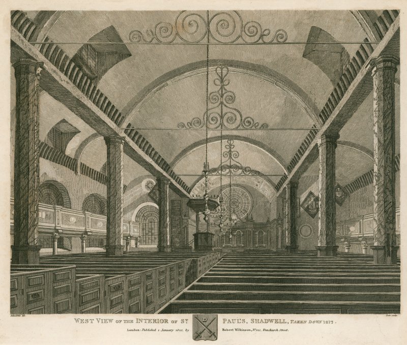 Vista oeste, de, a, interior, de, st paul, shadwell, londres, levado, baixo, 1817 de Robert Blemell Schnebbelie