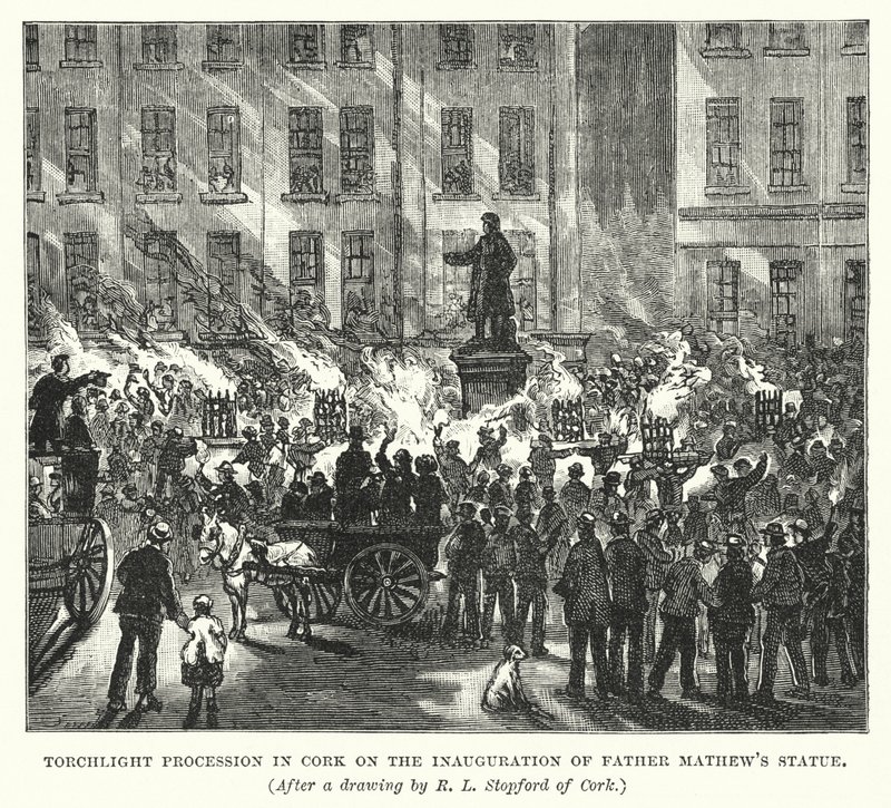 Procissão da tocha em Cork na Inauguração da Estátua do Padre Mathew (gravura) de Robert L. Stopford