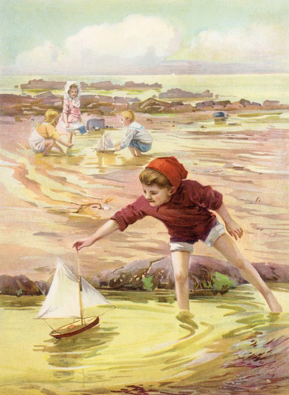 Seu novo barco - menino brincando com barquinho de brinquedo na praia (lito colorido) de Robert Lillie