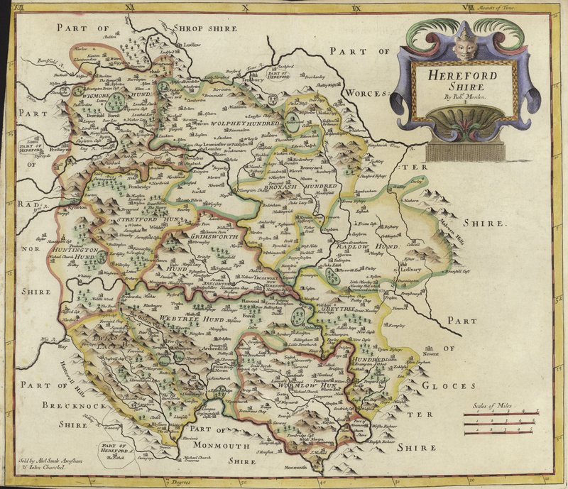 Mapa de Herfordshire (gravura a cores) de Robert Morden