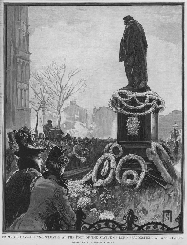 Depositando grinaldas aos pés da estátua do estadista inglês Benjamin Disraeli no Dia da Prímula, aniversário da sua morte, Westminster, Londres de Robert Ponsonby (after) Staples