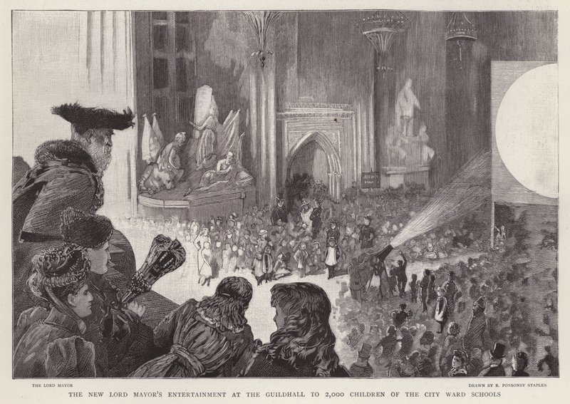 O novo entretenimento do Lord Mayor na Guildhall para 2000 crianças das escolas da ala da City de Londres de Robert Ponsonby (after) Staples
