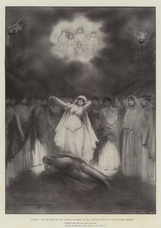 Diarmid, a nova ópera pelo Marquês de Lorne e o Sr. Hamish MacCunn, no Covent Garden Theatre de Robert Sauber