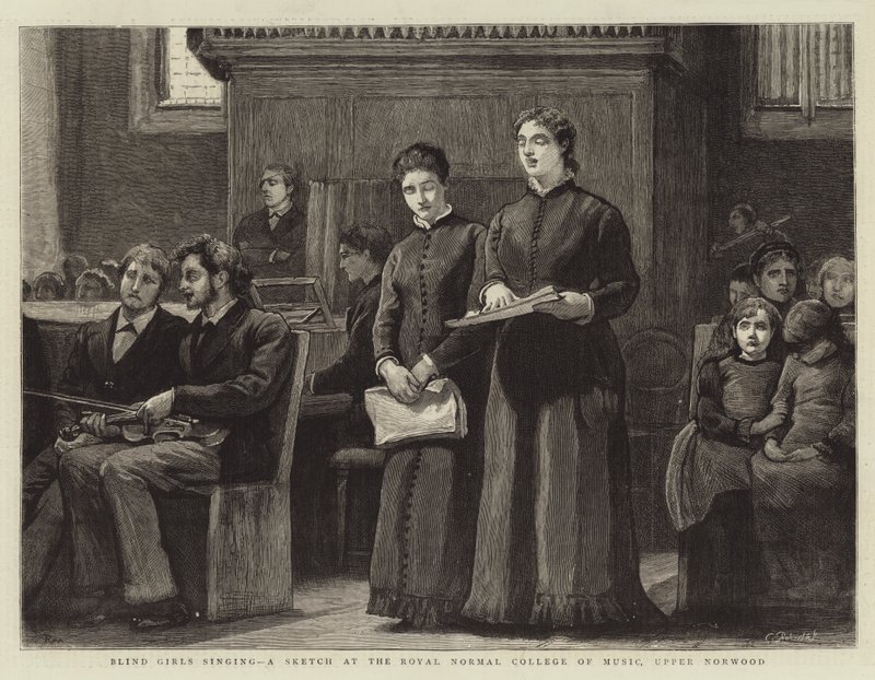 Meninas cegas cantando, um esboço no Colégio Normal Real de Música, Upper Norwood de Robert Walker Macbeth