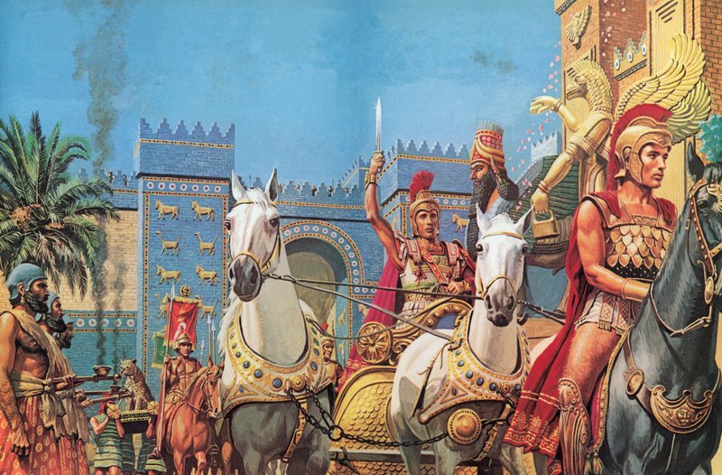 Alexandre, o Grande, transportado no seu carro, entrando em triunfo na Babilónia (litografia a cores) de Roger Payne