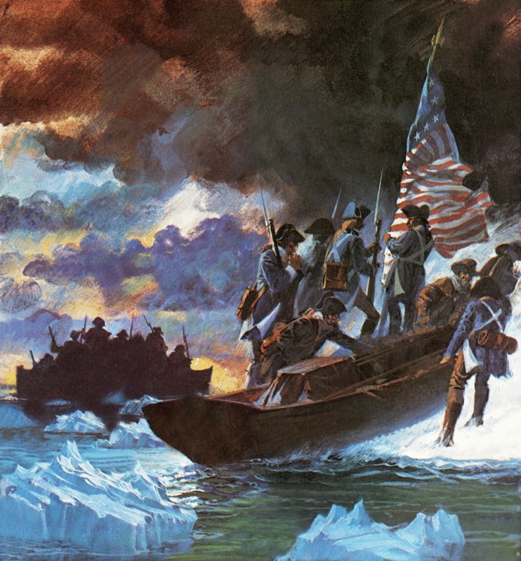 George Washington e os seus homens atravessam o rio Delaware meio congelado de Roger Payne