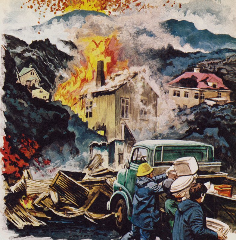 Habitantes evacuam o porto de pesca de Vestmanna Ehjar, na ilha islandesa de Heimaey (litografia a cores) de Roger Payne