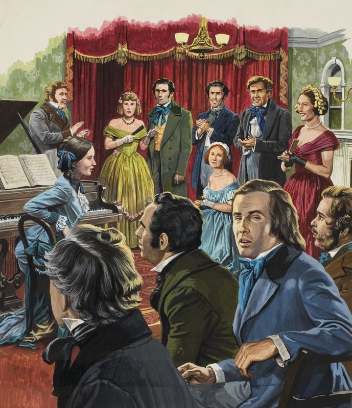 Robert Schumann (1810-1856) num recital da sua obra (guache sobre papel) de Roger Payne