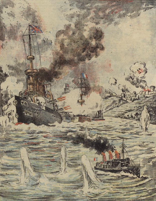Navios de guerra britânicos e franceses bombardeando posições turcas em Dardanelos, 1915 de Romanian School