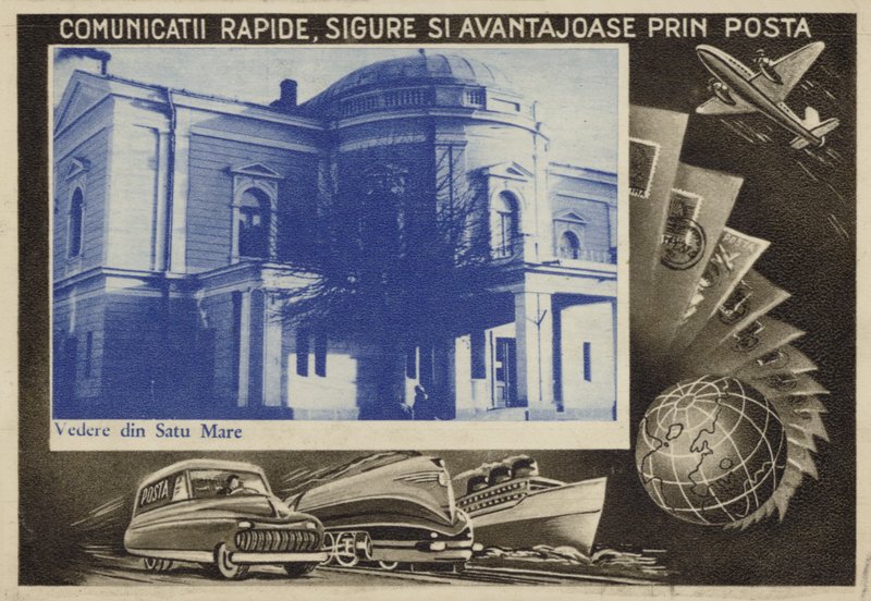 Cartão postal romeno promovendo o serviço postal de Romanian School