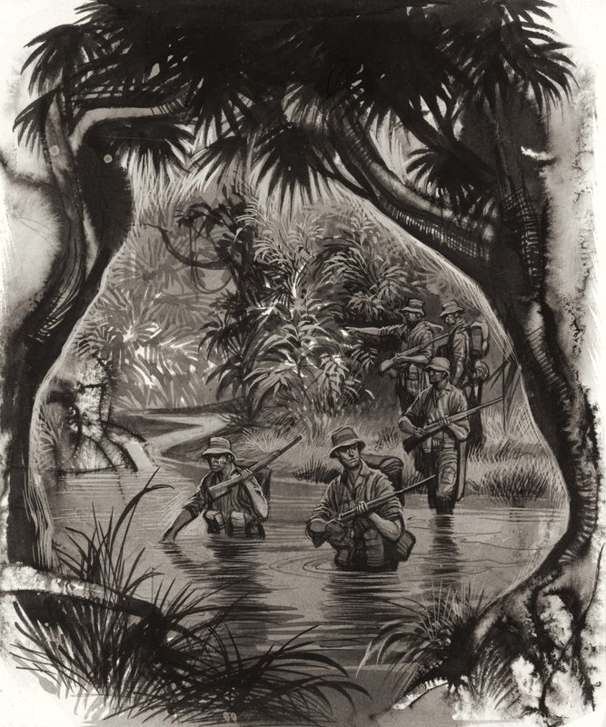 Tropas ANZAC atravessando um rio na selva durante uma patrulha da Segunda Guerra Mundial (guache sobre papel) de Ron Embleton