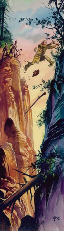 Homem da fronteira americano a ser perseguido por índios americanos (guache sobre papel) de Ron Embleton