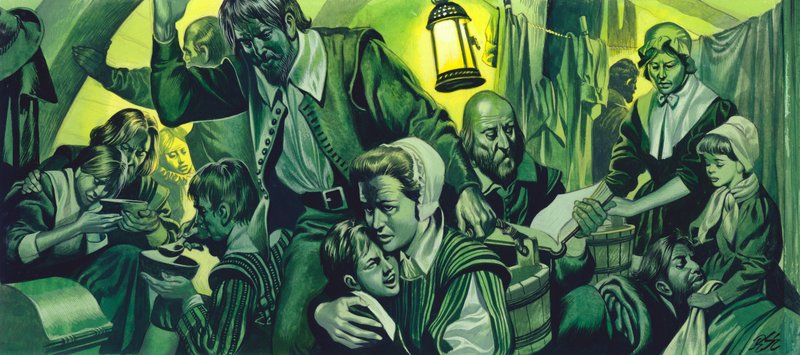 Condições de lotação no Mayflower (guache sobre papel) de Ron Embleton