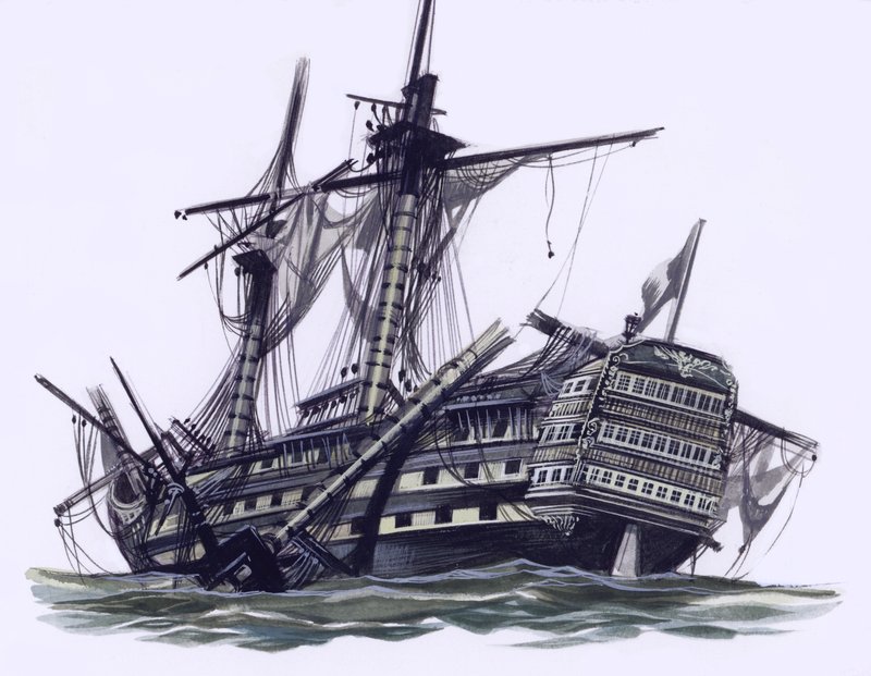 O HMS Victory depois da Batalha de Trafalgar, com o mastro da mezena abatido (guache sobre papel) de Ron Embleton