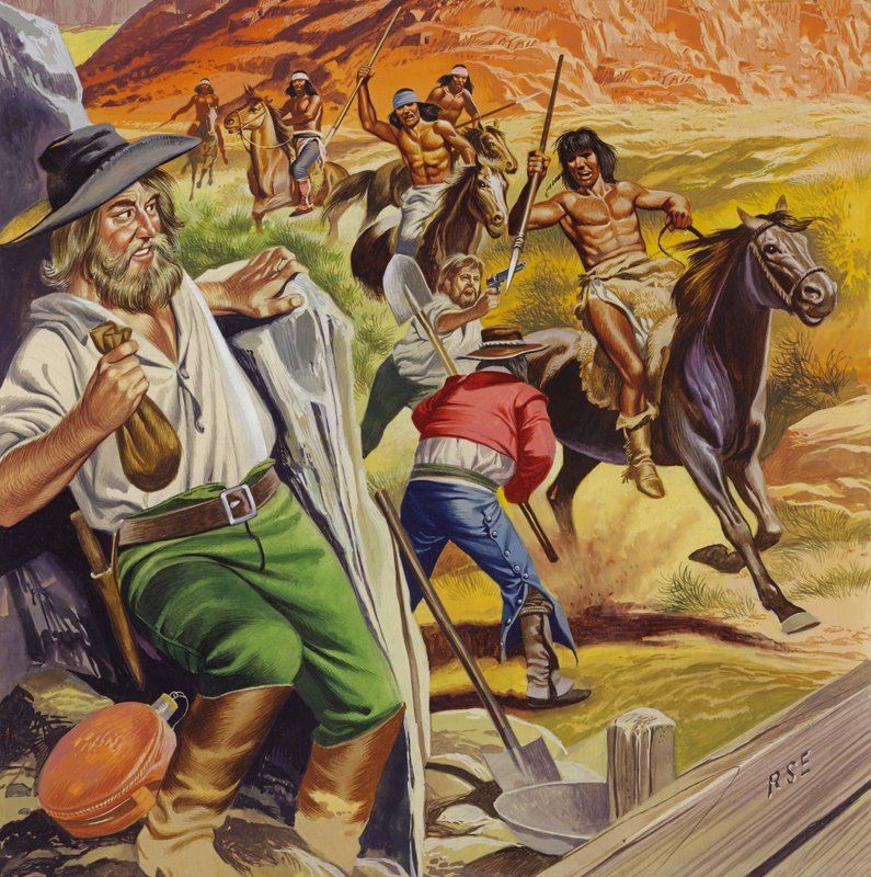Jacob Waltz e o seu amigo a serem atacados por índios Apaches (guache sobre papel) de Ron Embleton
