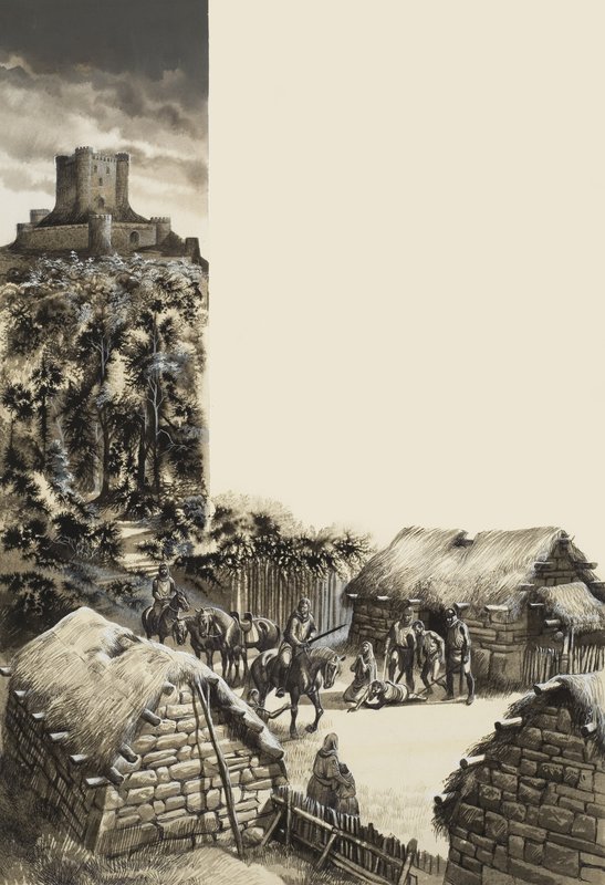 Aldeia Medieval (guache sobre papel) de Ron Embleton