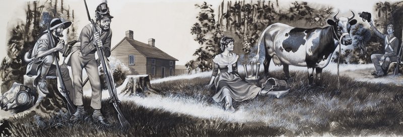 Leiteira com soldados (guache sobre papel) de Ron Embleton